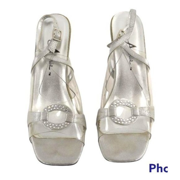 Y2K Lucite Heel Shoes, Clear Vinyl, Metallic Silver, Clear Crystals Bejeweled Hi - Picture 2 of 9